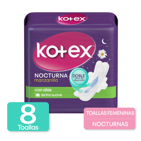 Toallas Femeninas Kotex Nocturna Manzanilla 8uds